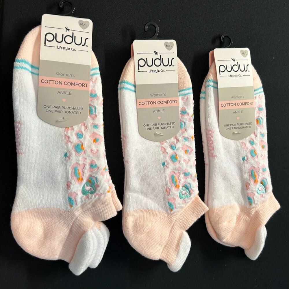 NWT Pudus Cotton Comfort Ankle Socks Peach Leopard Print Size M/L 3 Pack Lot
